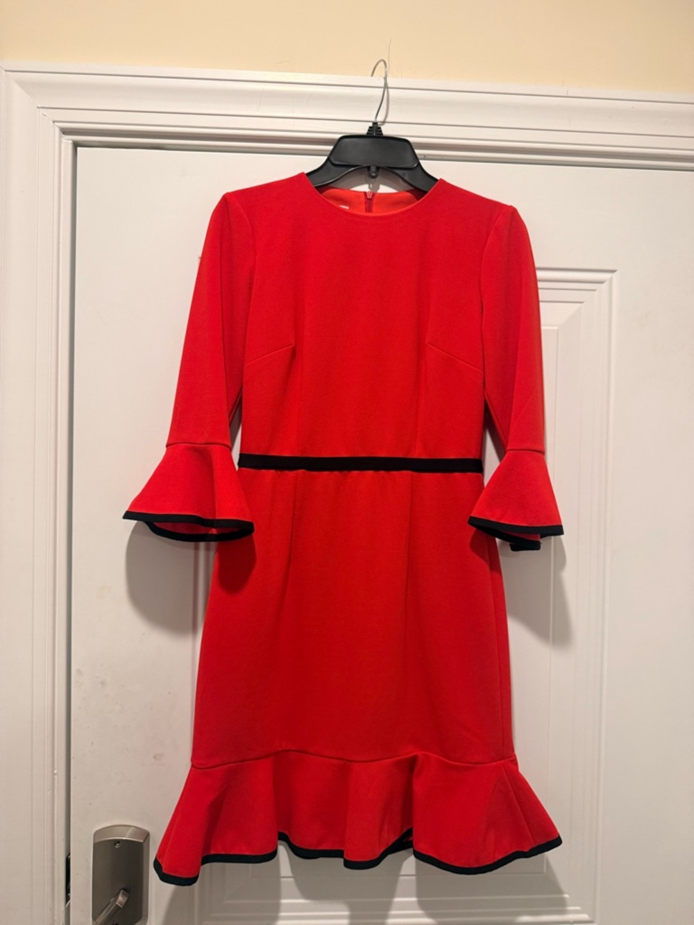 Donna Morgan Red Long-Sleeve Fit-and-Flare Dress with Black Trim